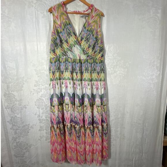 Danny Nicole Dress 14W Pink Abstract Floral Kat Cross Front Tiered Lined Maxi - Picture 1 of 12